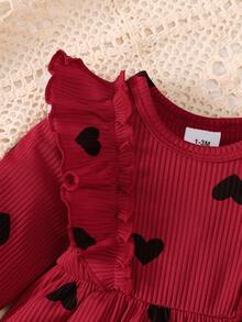 Baby Girl Heart Print Dress And Headband 2 Pieces Set, Spring/Autumn Dress - Burgundy - View 3