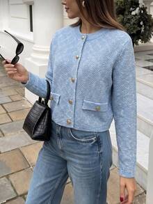 Women Crew Neck Pocket Knit Cardigan Light Blue Gold Button Long Sleeve Fall Winter Top - Blue - View 5