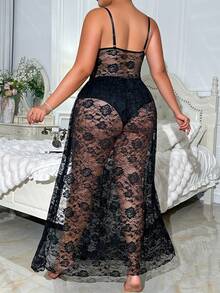 Plus Size Women's Vintage Minimalist Sexy Style Mesh Lace Corset Waist Side Slit Spaghetti Strap Maxi Dress - Black - View 2