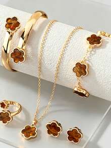 6pcs Lucky Five-Leaf Clover Design Bracelet, Necklace, Earrings, Bangle And Ring Set, Delicate Fashion Gift Set For Teenagers - A - View 5