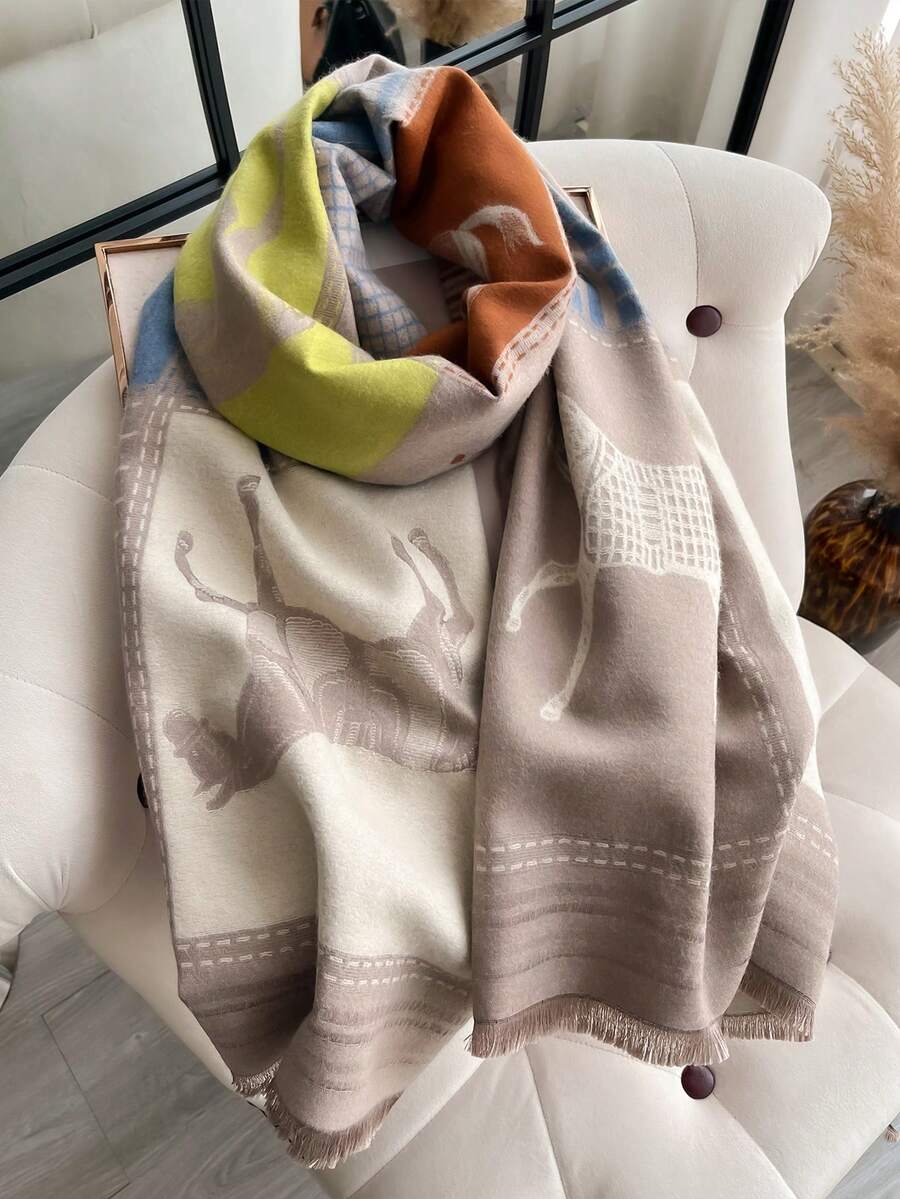 1件女款雙面仿羊絨高端馬紋提花保暖圍巾披肩,適合秋冬日常使用 - 卡其色 - 查看 1