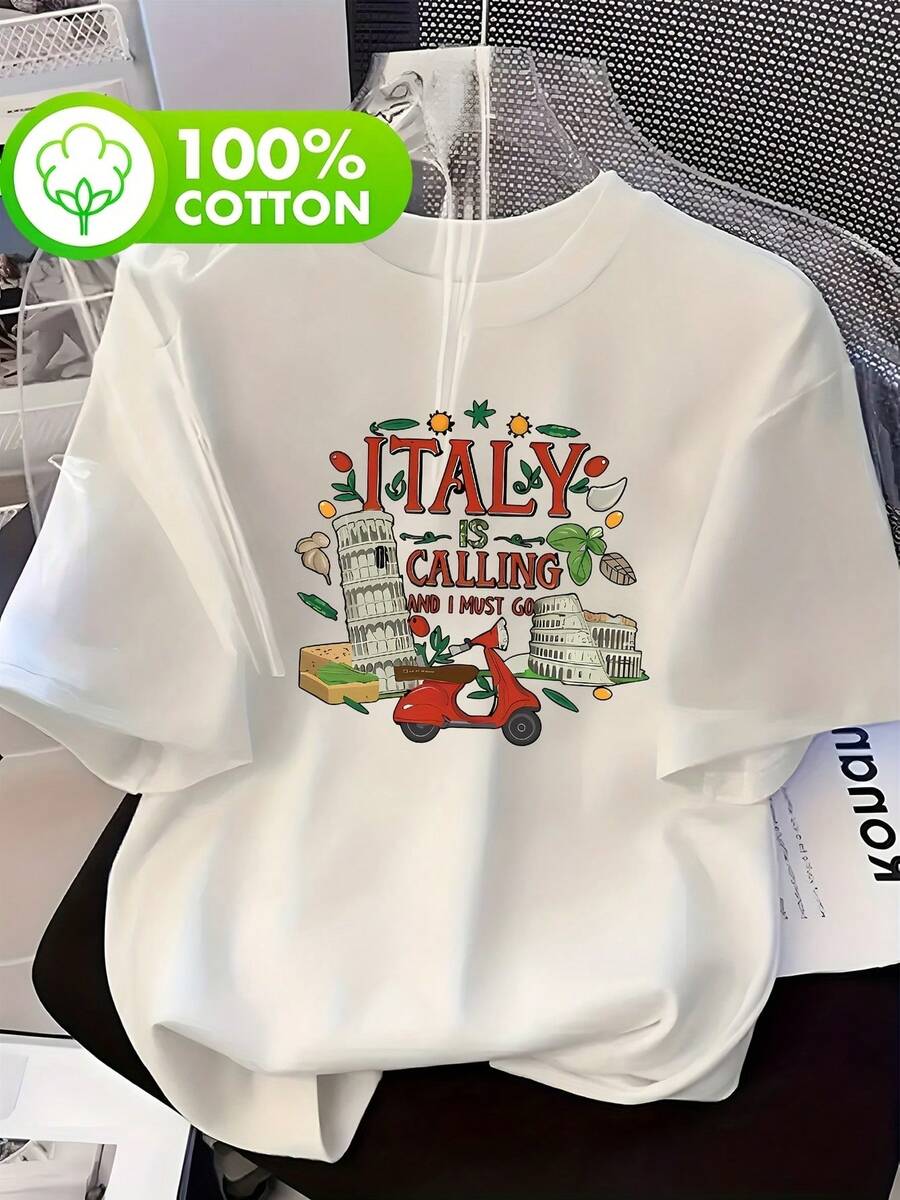 1 camiseta casual de gola redonda, 100% algodão, estampada com desenhos ...
