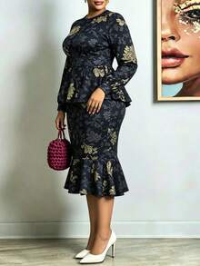 Setelan 2 Potong Ukuran Plus, Atasan Ruffle Motif Bunga + Rok Midi Ruffle Model Duyung, Menawan untuk Bentuk Tubuh Berlekuk, Dengan Saku yang Elegan - Royal Blue - View 5