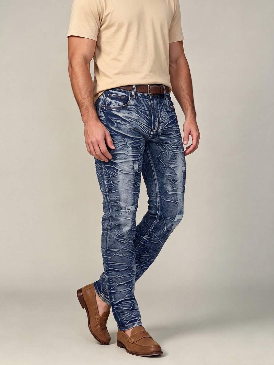 Men 4‑Way Stretch Slim‑Tapered Water‑Ripple Wash Jeans Soft‑Touched Ripped Denim Pants - Blue - View 1