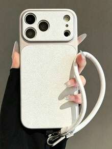 Fashion Lychee Leather Texture Large Window Phone Case, Compatible With IPhone 17 Pro Max 17 Pro 16 Pro Max 15 14 Pro 13 12 Pro 17, Camera Protection, Matte Soft Edge Shockproof Protective Cover, With Portable Hand Strap Lanyard - White - View 3