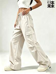 mulinsen Women's Elastic Waist Multi-Pocket Cargo Pants, Loose Wide Leg Drawstring Hem Casual Streetwear Long Pants - Beige - View 4