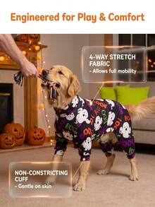 1PC Halloween Dog Shedding Hair Control Pajamas - Warm High Stretch Full Coverage Pet Rompers, Anti Licking & Bug Protective Jumpsuit For Small Medium Large Dogs, Halloween All Over Printing Dog Clothes - Cute Halloween Ghost And Letter Pattern - Multicolor - View 6