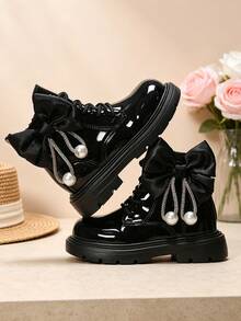 2026 New Mid-To-Large Kids Shiny Black Patent Ankle Boots, Knight Style Classic Round Toe Satin Bow Pearl Rhinestone Decor, Elegant Fashion Durable Comfortable Thick Sole Height-Increasing Boots, School, Travel, Photo, Formal Wear, Runway, Autumn/Winter/Early Spring Sweet Cool Functional Style Unisex Kids Side Zipper Boots - Black - View 2