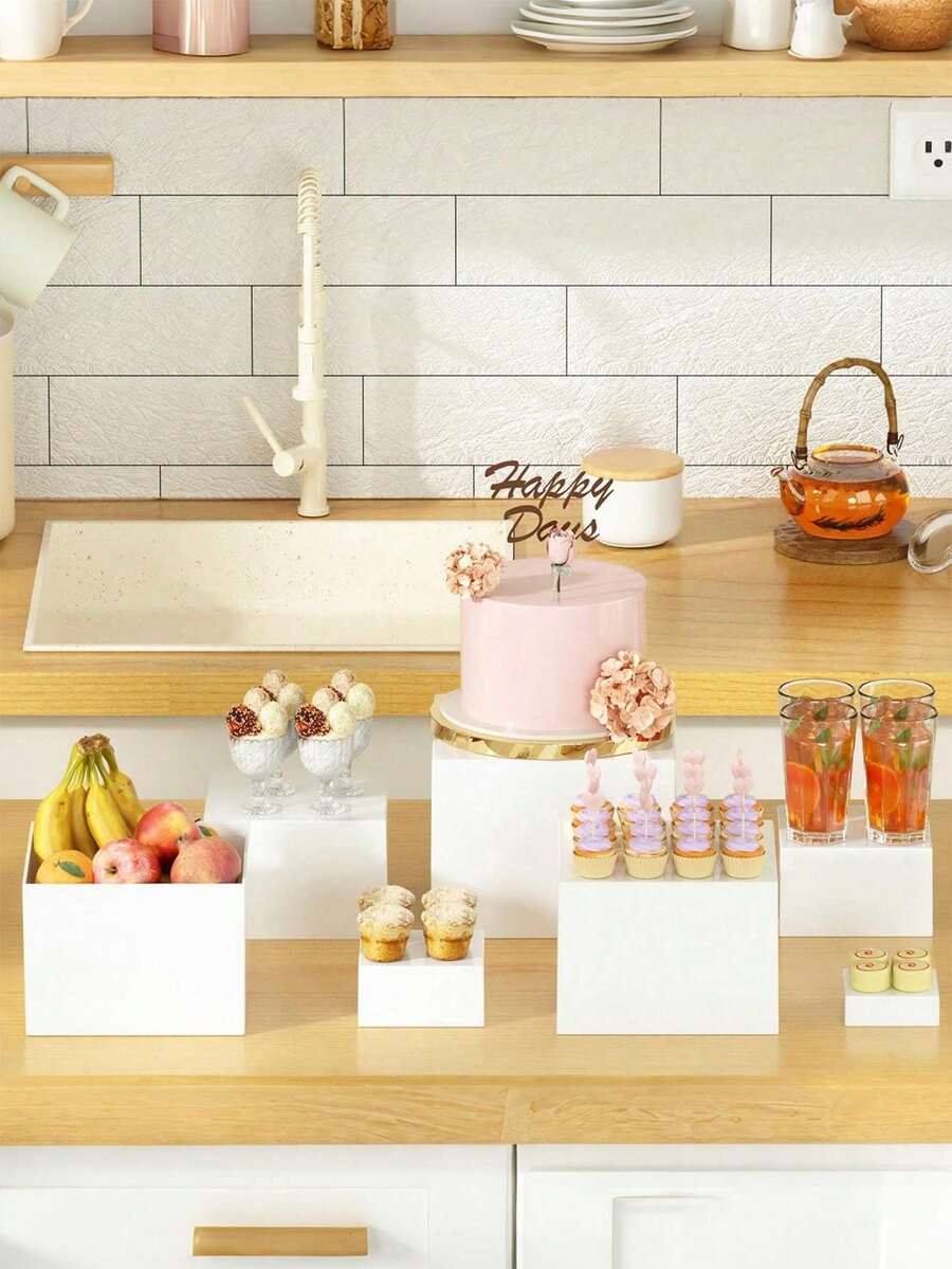 6-Piece White Display Units, Used As A Buffet Station And Stands; A Food Display Counter For Parties; Tabletop Stands; Jewelry Display Racks. Used To Display Buffet Food Columns And Stands, For Parties, Tables, And Column-Style Food Displays. - Multicolor - View 1