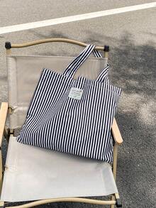 Striped Casual Large Capacity Minimalist Shopping Vacation College Tote Bag - Black - View 3