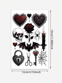1 Sheet Assorted Dark Gothic Mini Temporary Tattoo Sticker, Waterproof Long-Lasting Black Red Rose Skull Spider Fake Tattoo, Body Art Decal For Forearm Hand Wrist Thigh Rib Collarbone - Multicolor - View 6