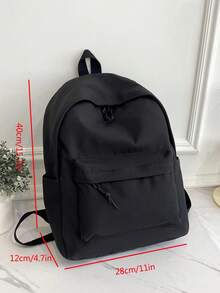 1 pieza Mochila clásica de estudiante de gran capacidad y unicolor para mujer, bolso versátil para ir al trabajo con múltiples bolsillos - Negro - Ver 5