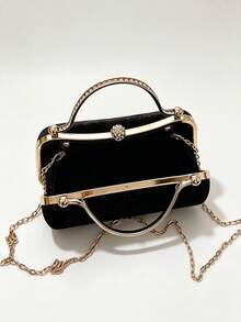 Black Velvet Evening Clutch Bag For Women, High-End Rhinestone Handbag, Luxury Chain Crossbody Dress Bag - Black - View 5