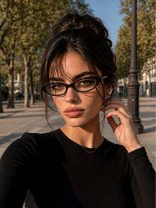 1pc Vintage Narrow Frame Cat Eye Glasses Minimalist Plain Lens Black Frame No-Makeup Look Fashion Accessory Suitable For Daily, Casual Wear And Office Scenes - Tea Brown - View 2