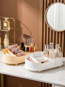 1 Peça Caixa de Armazenamento de Cosméticos de Plástico PS com Grande Capacidade e Rotação 360°, Organizador de Vaidade Oval com Listras Verticais, Base Dourada com Divisórias para Pincéis de Maquiagem, Batons e Produtos de Skincare, Decoração de Mesa para Quarto e Banheiro, Presente para Mulheres no Dia dos Namorados e Natal - Multicolorido - Visão 3