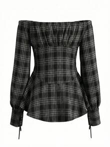 Autumn New Square Neck Plaid Long Sleeve Y2K Style Cinched Cinched Waist Short Dress - Black - View 8