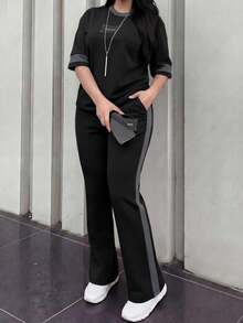 Spring/Autumn Plus Size Women's New Crew Neck Short Sleeve T-Shirt & Casual Elastic Waist Loose Long Pants 2 Pieces Set Elegant Summer - Black+Gray - View 2