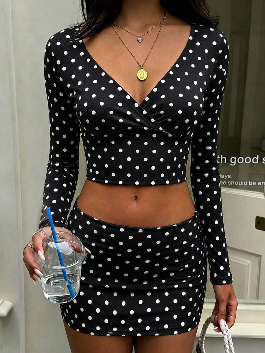 Women's Casual Polka Dot V-Neck Asymmetric Cropped Top + Bodycon Mini Skirt 2 Pieces Set, Medium Stretch - Black - View 1