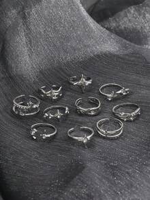 Juego de 10 anillos de metal con textura de lava abierta, estrella de strass plateada, fácil de combinar - Plateado - Ver 5