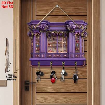 1pc Wooden Wall-Mounted Key Rack, Purple Carved Gold-Edged Vintage Floral Bow Decor, Multi-Functional Home Key Holder With 4 Hooks, Wall Decoration