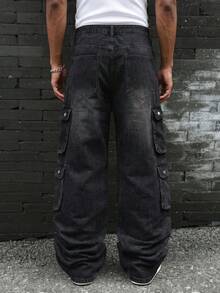 Celana Jeans Kargo Pria Retro Hitam dengan Banyak Saku, Celana Denim Streetwear Y2K dengan Detail Sobek dan Longgar, Potongan Lebar, dan Tampilan Usang. - Hitam - View 2