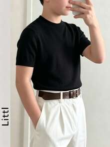 Boys' Solid Color Mock Neck Slim Fit Knit Short Sleeve T-Shirt - Black - View 10