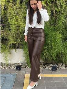 Women's Faux Leather Wide Leg Palazzo Pants With Pockets, Button And Zipper, Synthetic PU - 鏽棕色 - 查看 11