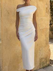 White Sleeveless Asymmetrical Shoulder Midi Dress, Elegant Dresses For Ladies, Casual Dress, White Dress, Summer Dresses, Holiday Dress - White - View 5