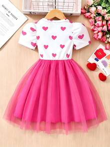 Young Girl Heart Print Short Sleeve Net Mesh Valentine's Day Dress - Hot Pink - View 4