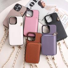 1pc Solid Color Lychee Texture PU Leather Lanyard Card Holder Wallet Phone Case Compatible With Apple 18 17 16 15 14 Plus 13 12 11 Pro Max Compatible With Samsung Galaxy S26 S24 Plus A15 A16 A56 Compatible With Google Pixel 9a 8 Pro - Black - View 8