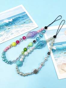 1pc Ocean Style Beaded Phone Charm, Pearl And Shell Pendant Phone Wrist Strap, Colorful Mobile Phone Lanyard For Phone Cases, Cameras, Keys And Bags, Cute Daily Phone Accessory - Multicolor - View 4