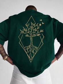 Men's Geometric Tree Of Life Vintage Pattern T-Shirt, Loose Minimalist Natural Style Casual Top - Dark Green - View 2