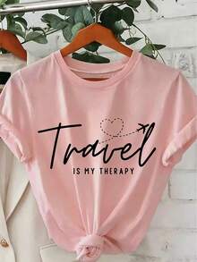 Women's Cotton T-Shirt, "Travel Is My Relax" Letter,Airplane & Heart Print,Pink Loose Round Neck Short Sleeve Tee,Breathable For Summer Daily Wear - 粉色 - 查看 8
