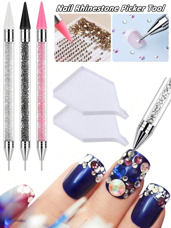 2-In-1 Rhinestone Dotting Pen: Dual-Head Design, Crystal Material Rhinestone Dotting Pen With Crystal Handle, Perfect For Nail Art Creation And DIY Decoration, Rhinestone Dotting Brush And Sorting Tray For Nail Art. Self-Adhesive Rhinestone Dotting Brush And White Rhinestone Storage Tray On Both Ends Suitable For DIY Rhinestone Crafts And Rhinestone Painting. Nail Art Decoration Tools. Plastic Diamond Nail Art Decoration Sorting Tray | Rhinestone Jewelry Sorting And Organizing Tray Nail Salon Tools