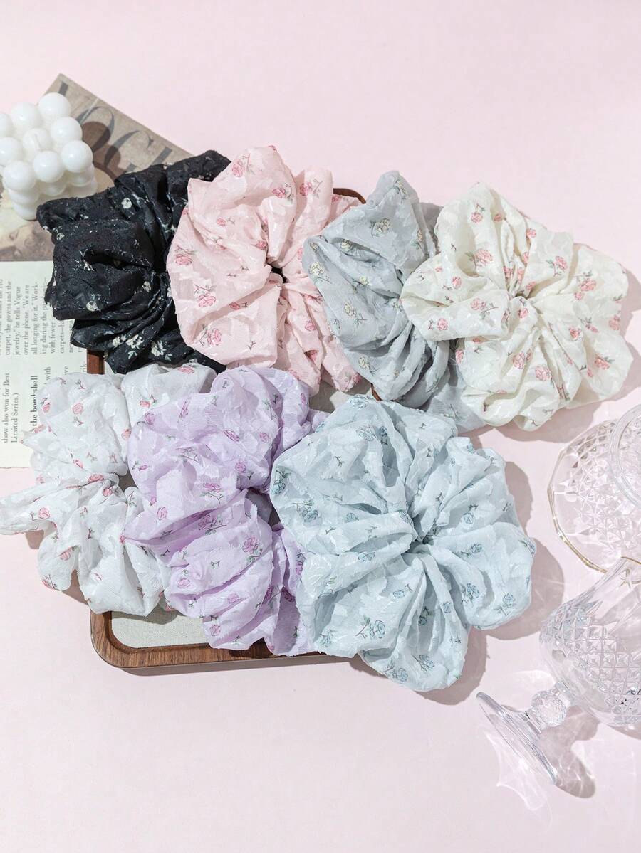 1pc Satin Ultra-Thin Embroidered Floral Oversized Multi-Color Hair Scrunchie, Suitable For Women's Daily Outfit Decoration Hair Accessory - Multicolor - View 1