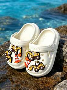 HAHABOBO Children's White Construction Vehicle EVA Clogs, Adjustable Strap Dual-Wear Summer Beach Shoes, Boys' Style - White - View 5