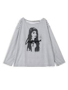 Kaos Lengan Panjang Bergaris Longgar dengan Bahu Asimetris Model Baru, Potongan Acak - Light Grey - View 8