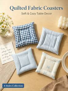 Blue Quilted Fabric Coaster Set, Soft Thickened Coffee Cup Mats, Plaid Striped Bow Print Design, Cute Kitchen Dining Table Decor, Handmade Style Mug Coasters, Suitable For Coffee Bar, Restaurant, Office Desk Accessories - Multicolor - View 6