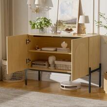 Sideboard With 2 Doors And Metal Legs, Buffet, Chest Of Drawers With Arched Line Design, Modern Minimalist Style, Dimensions: W 100 Cm / H 75 Cm / D 40 Cm - Natural - 查看 4