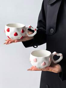 1pc 3D Embossed Heart Ceramic Tea Cup, Heart-Shaped Hollow Handle Asymmetrical Coffee Mug, 5 Colors Afternoon Tea Cup Gift - Single Cup - View 10
