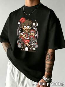 Herren Sommer Lässig Oversized Cartoon Fitness Gewichtheben Muster Kurzarm T-Shirt, locker bequem Rundhals Baumwolle Tee für Fitnessstudio Training Alltag - Schwarz - Übersicht 2