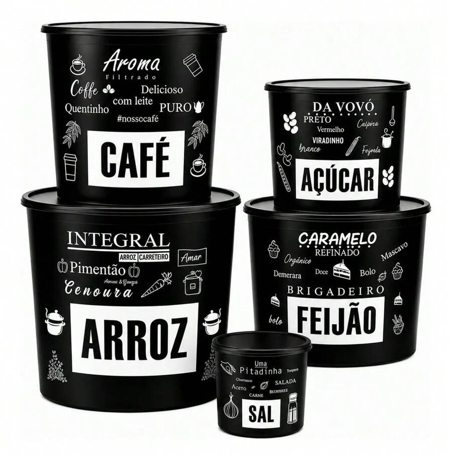 Conjunto Kit 5 Mantimentos e Potes para Cozinha - Arroz Feijão Café Açucar - Preto - Visão 1