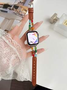 1pc Girls Kids Star Crystal Beaded Leather Watch Band Compatible With Apple Watch 41mm 40mm 38mm AppleWatch Leather Strap Elastic Casual Band Series11 10 9 8 7 6 5 4 3 2 1 SE Suitable For Stepless Adjustment Soft Smart Watch Band - Multicolor - View 15