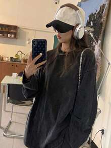Women's Pure Cotton American Style Black Washed Distressed Fashion Vintage Street Casual Vacation Home School Hot Girl Unisex Loose Long Sleeve Crew Neck Sweatshirt - Black - View 2