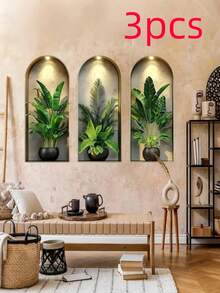 1/3pcs Arched Wall Niche Tropical Plant Wall Decal, Faux Gold Edge Recessed Shelf, Banana Palm Leaf Print, Removable Vinyl Sticker, Living Room Sofa Background Wall Home Decor Gift - A - View 6