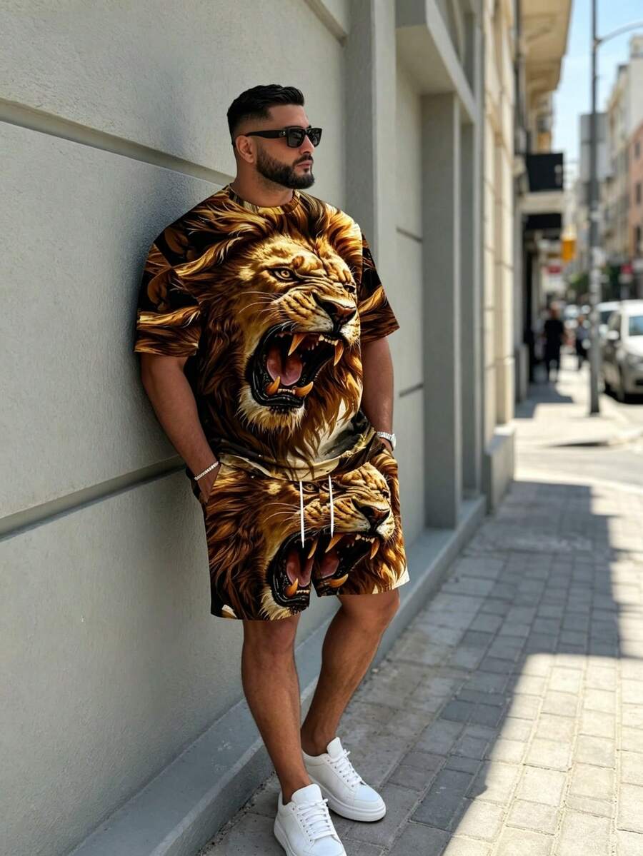 طقم رجالي مقاس كبير بقطعتين: قميص بأكمام قصيرة وشورت بطبعة أسد مسيطر على كامل التصميم، طبعة وحش شرس، ستايل شارع أمريكي - متعدد الألوان - مشاهدة 1