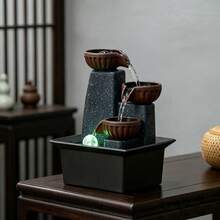 3-Tier Square Box Creative Vintage Wealth-Attracting Desktop Water Fountain Ornament, Study Room Decor, Water Landscape Decoration, Living Room Bedroom Ornament - Brown - View 2