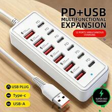 12口USB快速充電站 - 6個Type-C PD接口和6個USB-A接口，適用於筆記本電腦/平板電腦/多台設備。緊湊設計，高速充電和USB適配器工作空間電源中心。科技必需品12口6USB+6Type-C/PD USB充電站和集線器，66W快速充電，兼容智能手機、平板電腦、筆記本電腦、PD設備 - 緊湊多口充電器，USB充電網關，無需外部AC適配器 - 查看 12