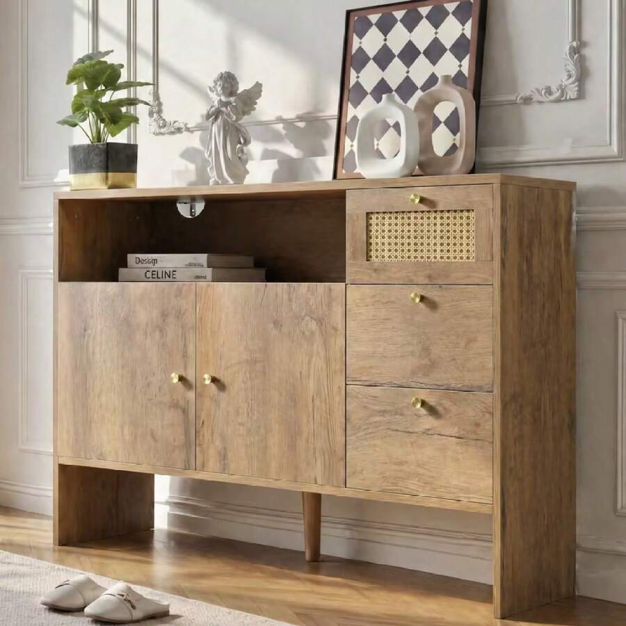 Chest Of Drawers, Sideboard, Side Table; With Four Drawers And Two Doors; Suitable For Living Room And Kitchen; Black And Natural Tones, Dimensions: Width 120 X Depth 35.5 X Height 90.5 - Natural + Particle Board - View 1