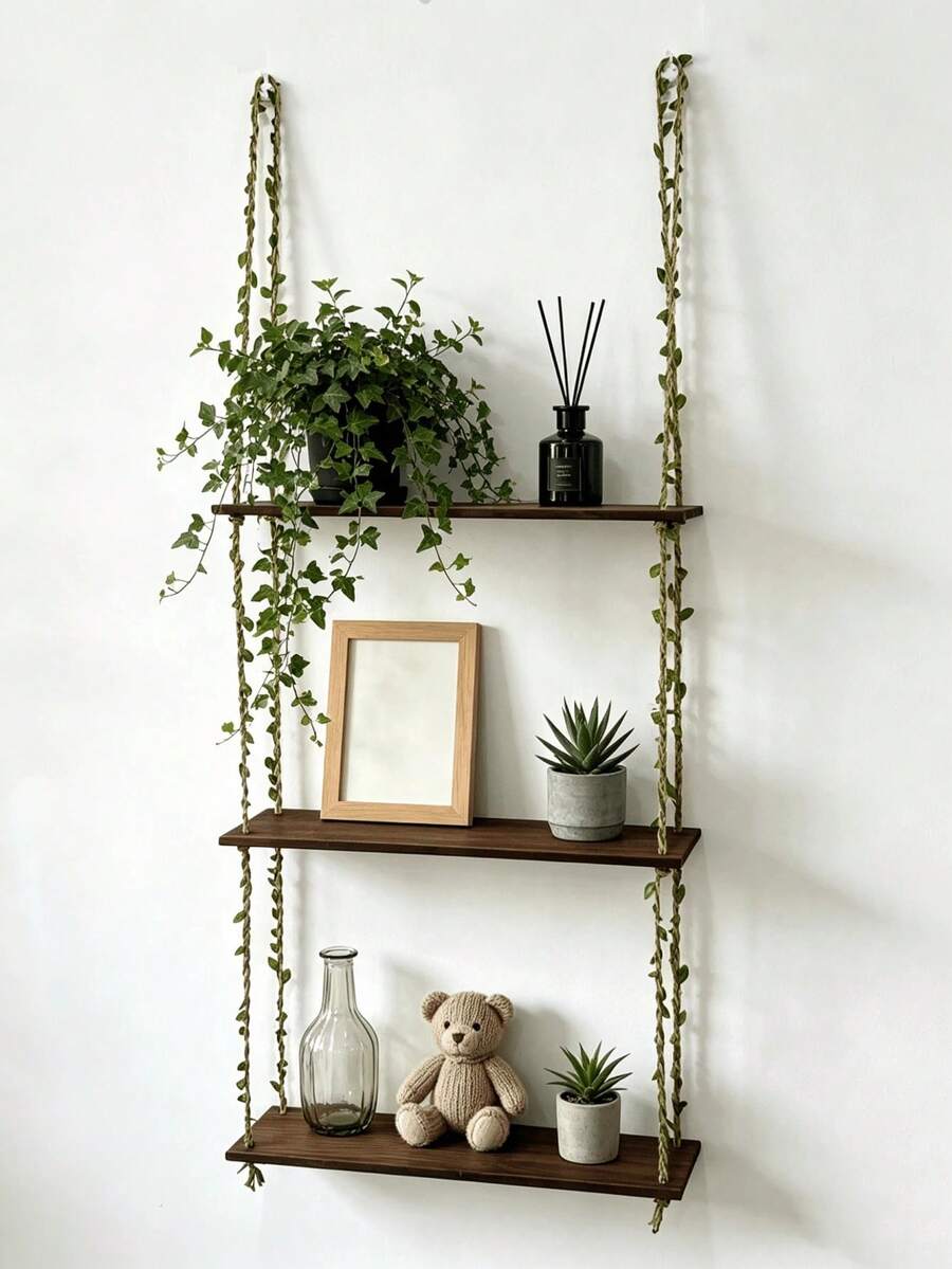 Bohemian Style Wall Hanging Shelf, Wooden Floating Shelf With Leaf And Vine Rope, No-Nail Hook, Suitable For Rental Use, Bedroom And Living Room Decor - View 1